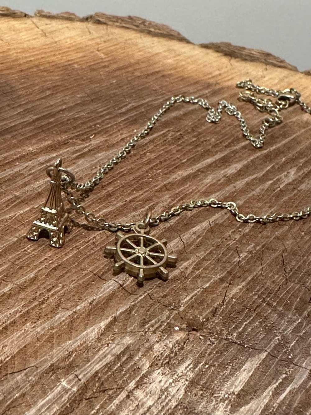 Gold Eiffel Tower and Ship Wheel Charm Necklace